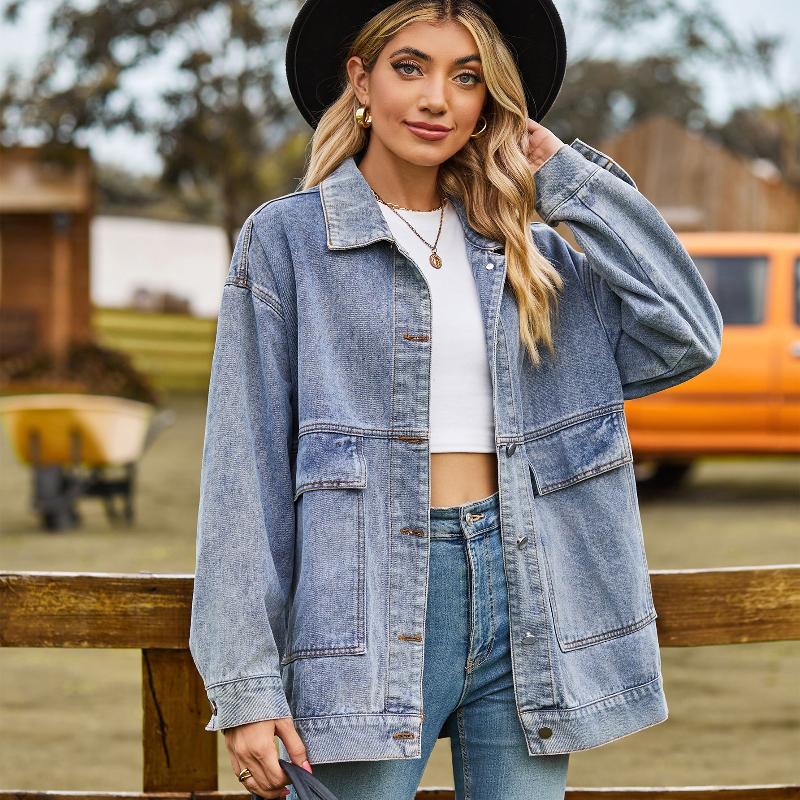 Veste en jean coupe ample pour femmes, Vintage, classique, décontracté, manches longues, revers, mi-long, Streetwear, haut d'extérieur