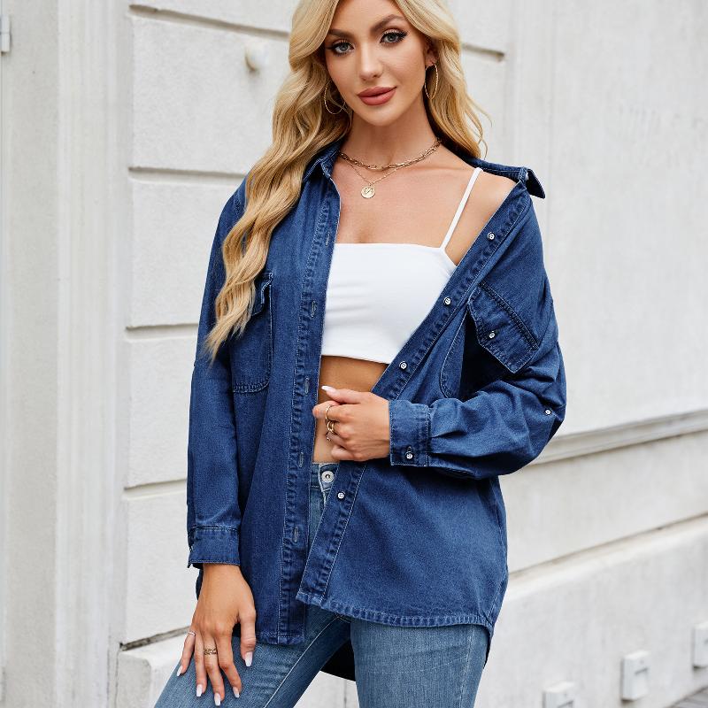 Chemise en jean délavé pour femmes, manches réglables, ample, décontracté, Streetwear, boutons sur le devant, haut de printemps, bleu clair