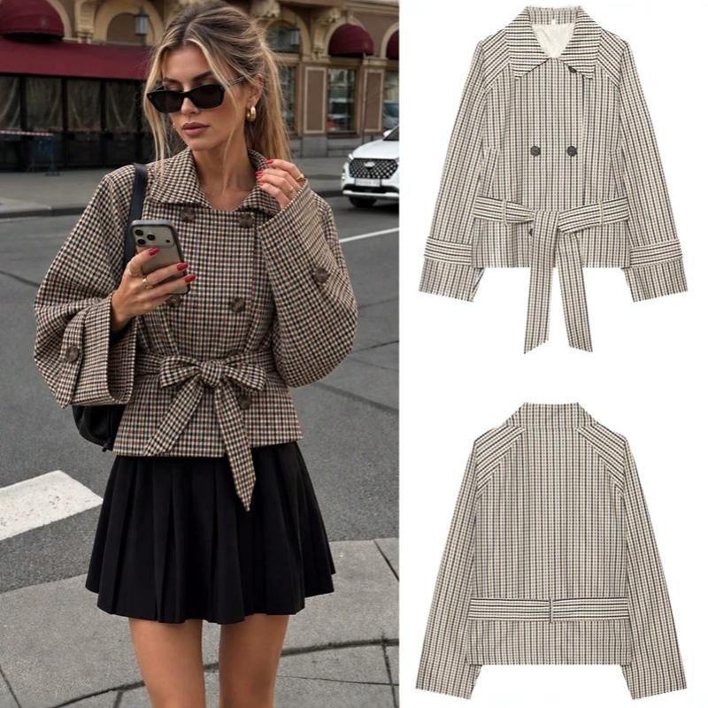 Trench-Coat Vintage à carreaux pour femmes, ceinture, Double boutonnage, manches longues, Streetwear, vêtements d'extérieur d'automne