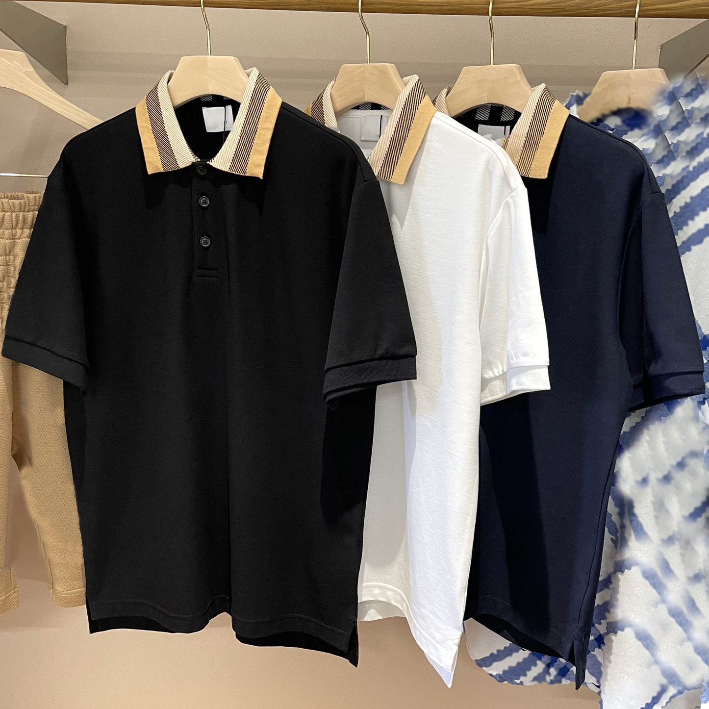 Designer brand clothing high-quality men's black checkered collar polo shirt, pearl cotton casual short sleeved, business light luxury unisex h