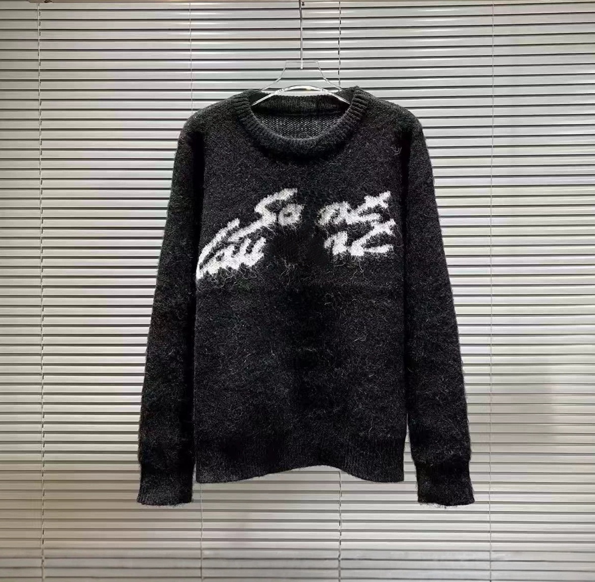Designer Womens Men Crew Neck Fuzzy Knit Sweater, Stylish Graffiti Letter Jacquard Pullover, Soft Warm Casual Long Sleeve Jumper