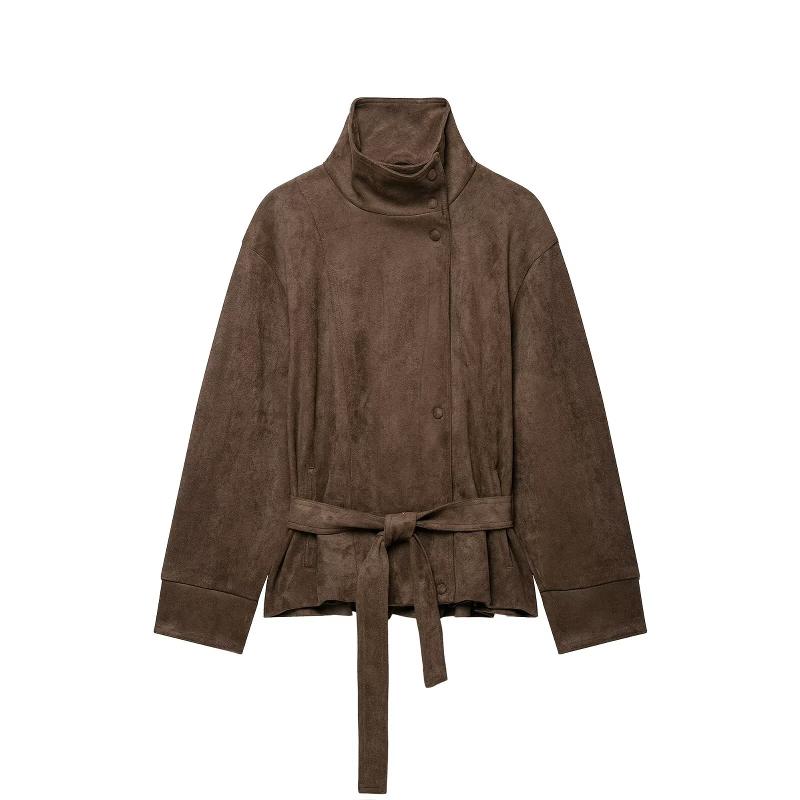 Veste effet daim de styliste, manches longues, col montant, ceinture, coupe cintrée, décontractée, couleur unie, vêtements d'extérieur, printemps