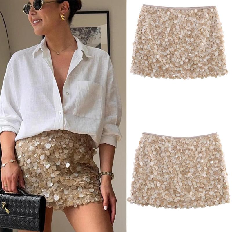 Women's New Sequin Mini Skirt Summer Solid Color Flared Short Skirt Beige Elegant Streetwear Casual XS-L