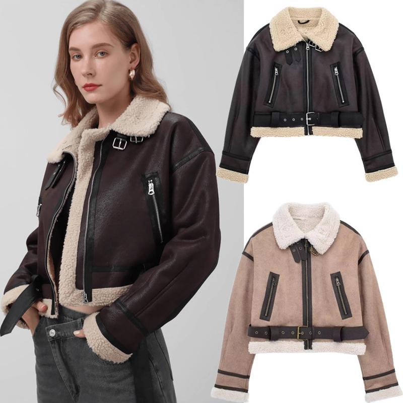 Veste de motard en cuir et fourrure vintage pour femme, manteau d'hiver court avec fermeture éclair, coupe ample, streetwear avec poches