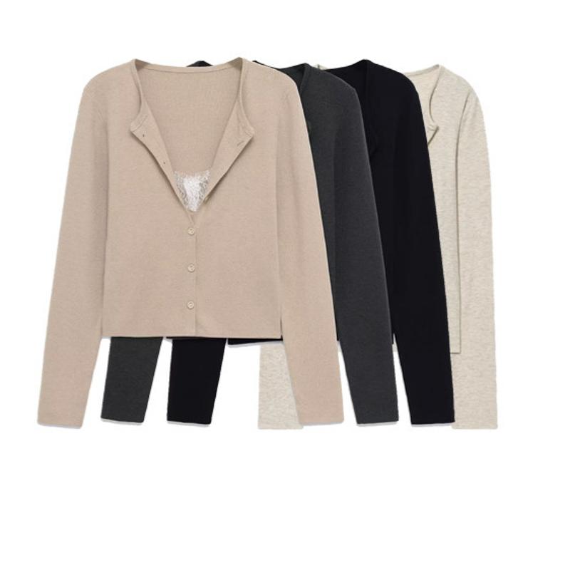Veste d'épissure de dentelle pour femmes, mode Streetwear, col en v, manches longues, simple boutonnage, haut Cardigan couleur unie S M L
