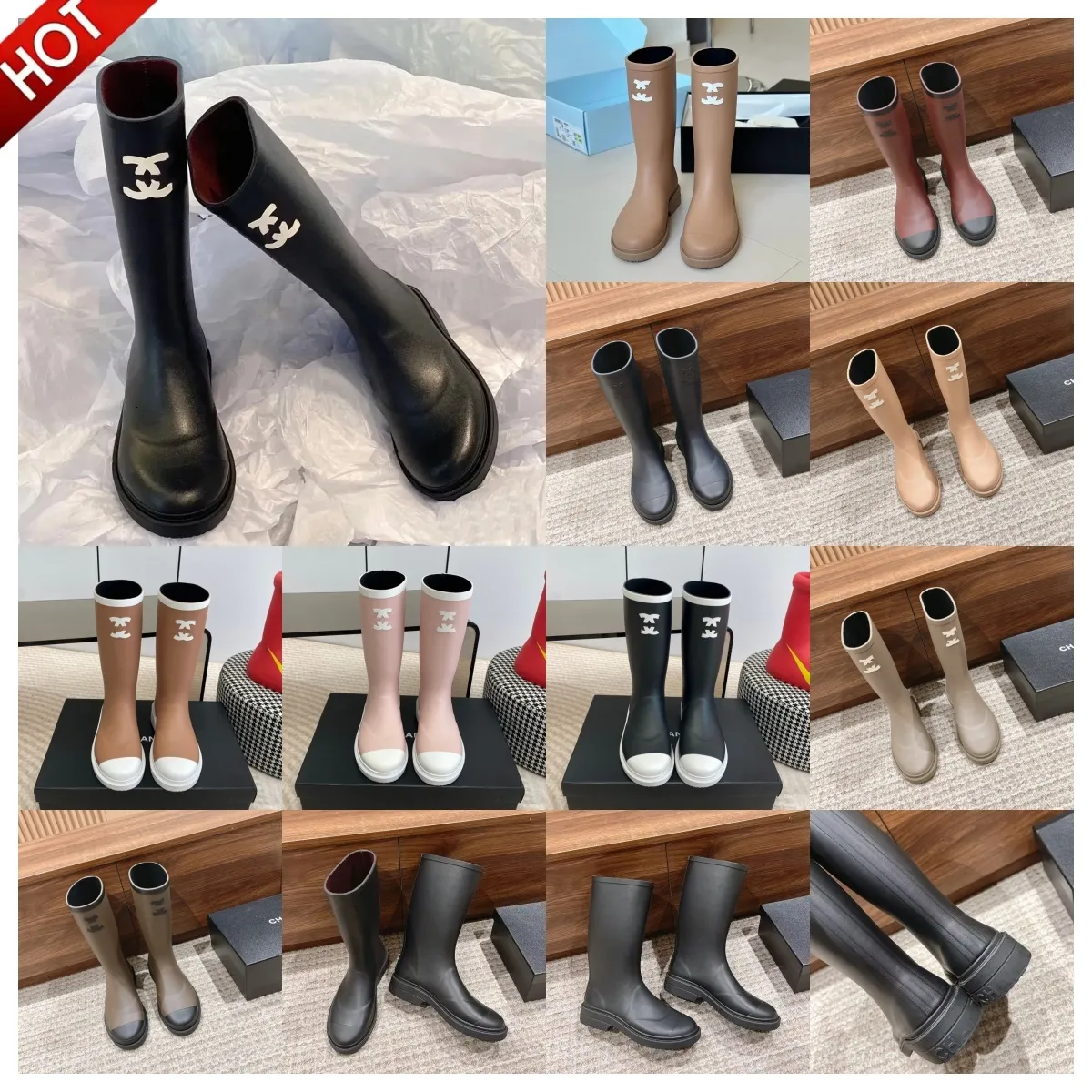 bottes de pluie pour femmes bottes de créateur cc chaussures de pluie bout carré bottes longues bottes de pluie semelle épaisse galoches à la che