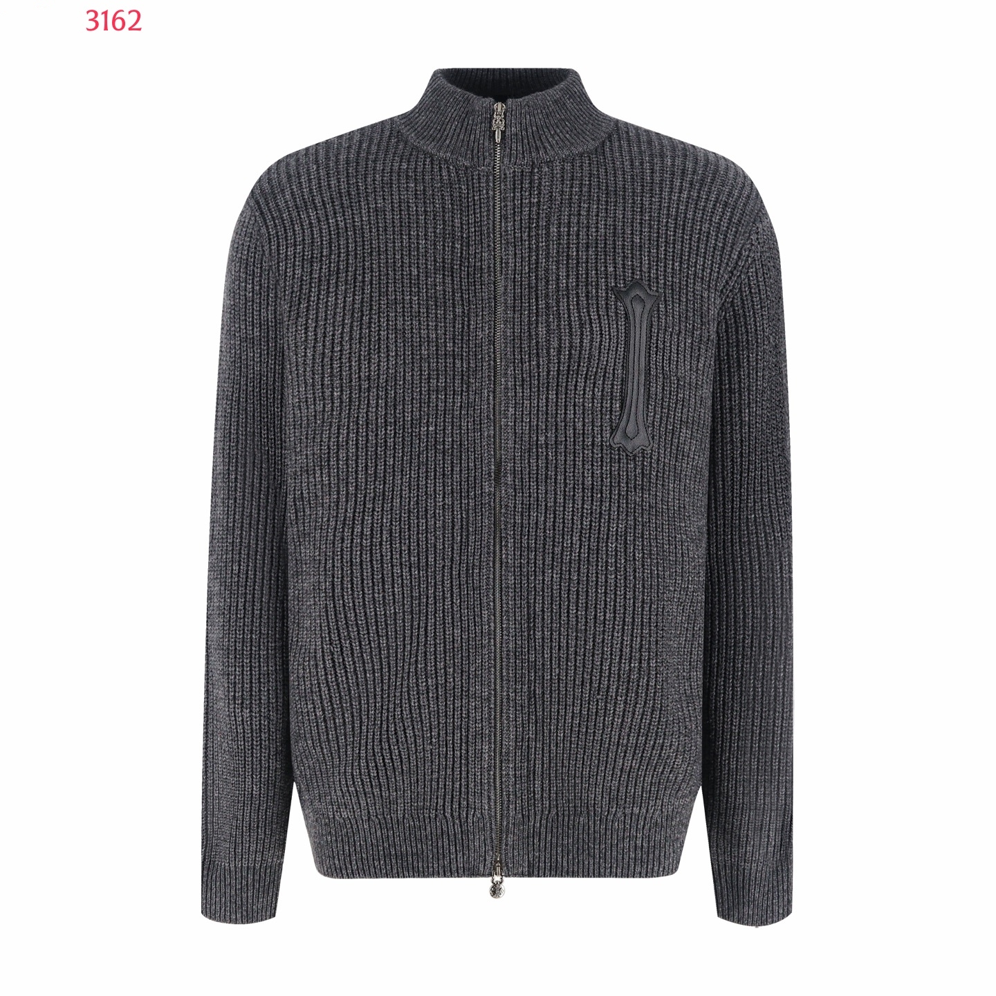 2026 Autumn Sweater Designer Designer Knit Zip Up Jacket Luxury Ribbed Wool Blend Sweater Coat Cross Leather Patch Stand Collar Casual Outerwear For