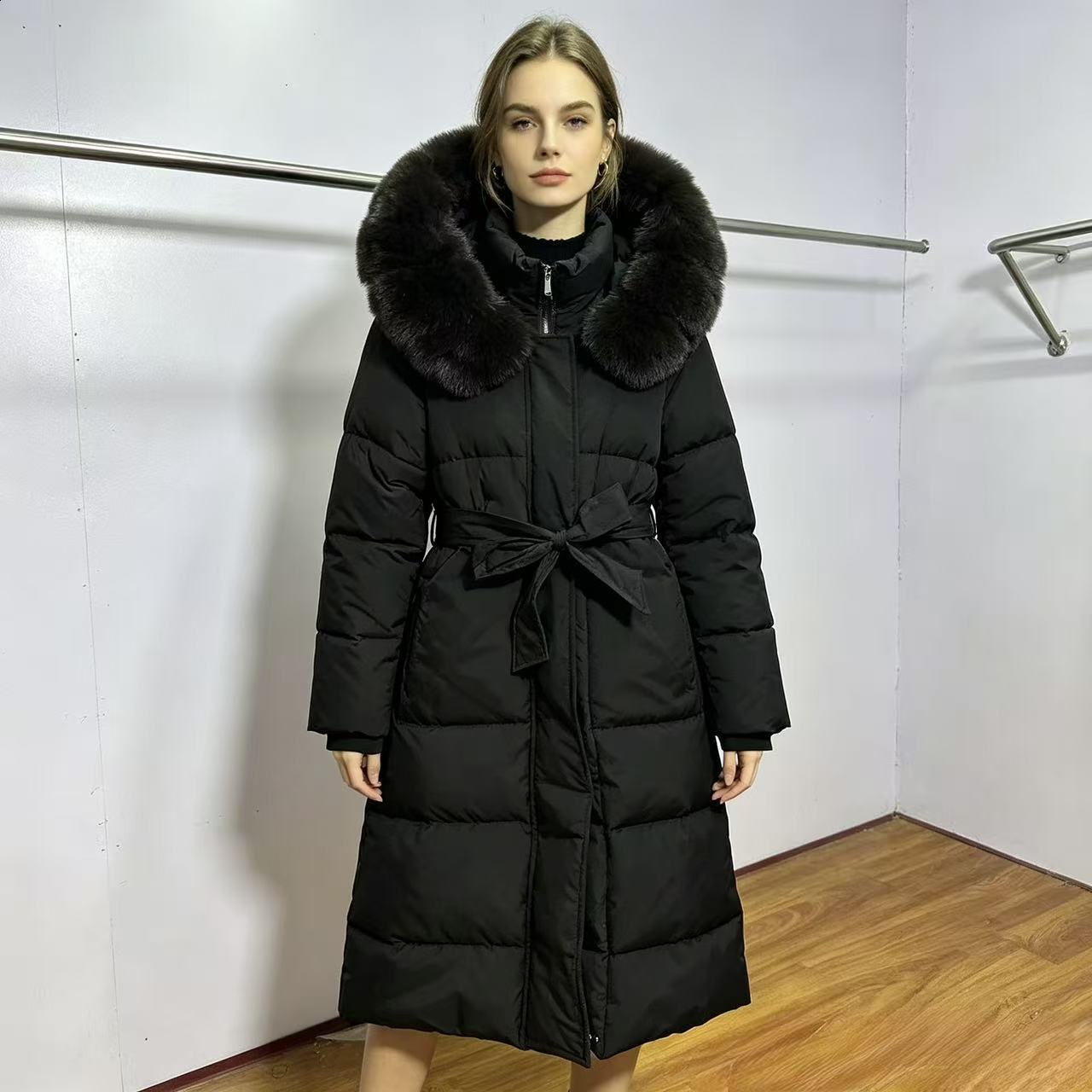 Nouveau manteau femme long épais chaud élégant grand col en fourrure taille à nouer longueur genou 251210