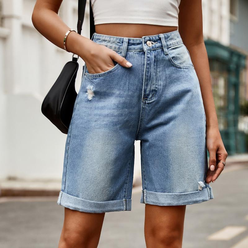 Short en Denim déchiré pour femmes, ourlet roulé, taille moyenne, droit, Streetwear, short en Jean décontracté d'été, S-XXL