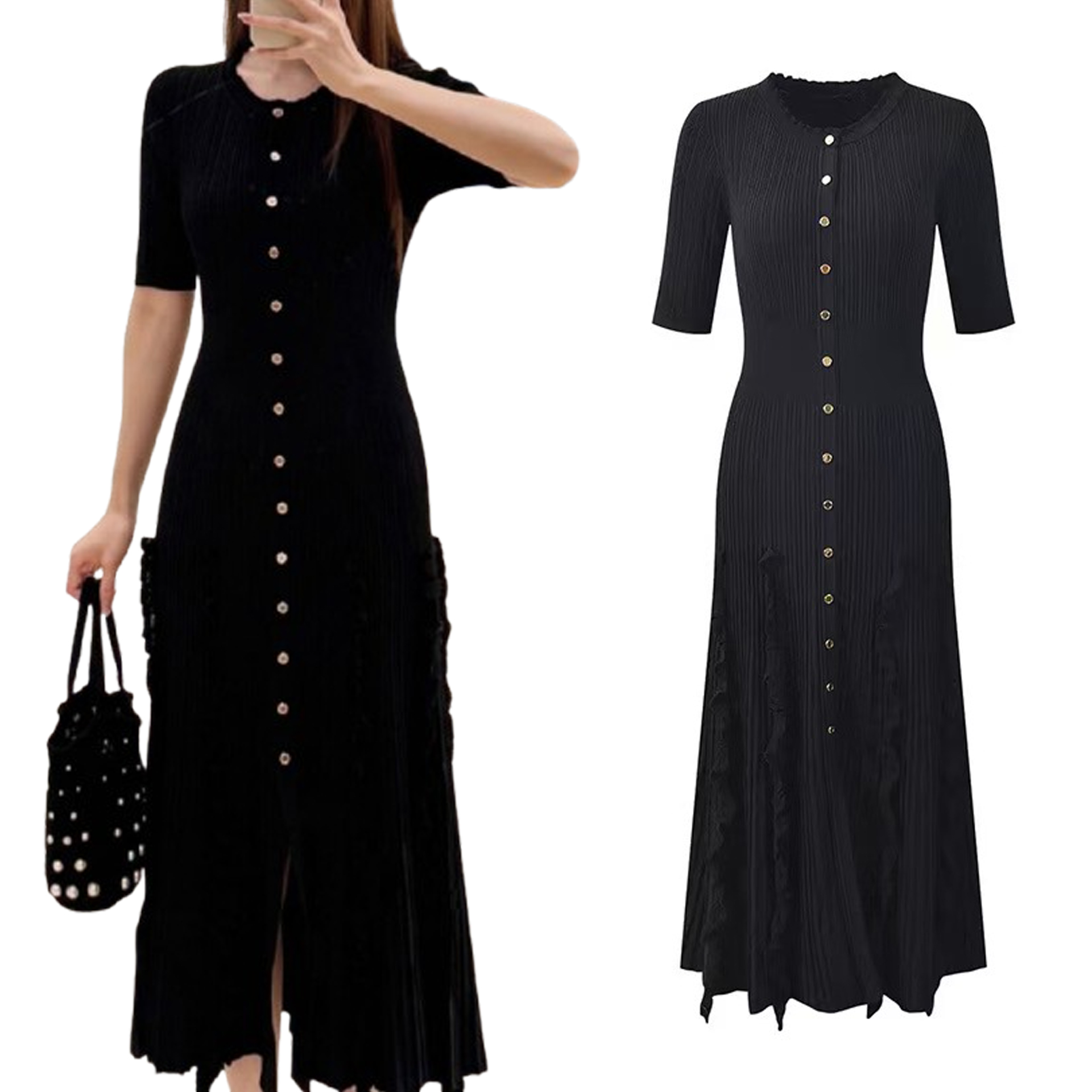 sandro knitted maxi dress women 2026 short sleeve single breasted slim fit elegant long dresses