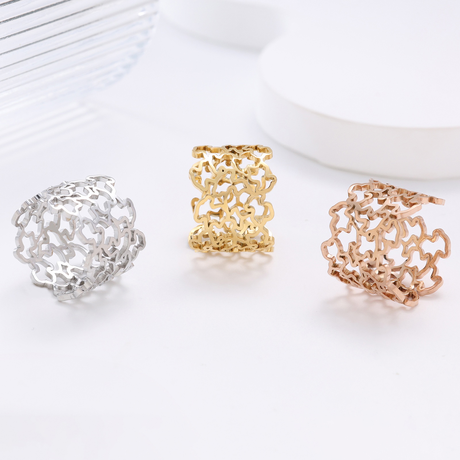 Mode femmes hommes Punk ours anneaux ouverts Simple en acier inoxydable argent or dessin animé verre Span bijoux animaux