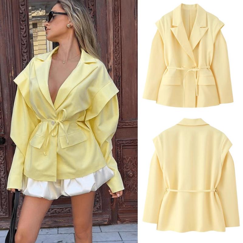 Blazer ceinturé de styliste pour femmes, couleur unie, taille fine, épaules larges, simple boutonnage, veste de banlieue polyvalente, automne