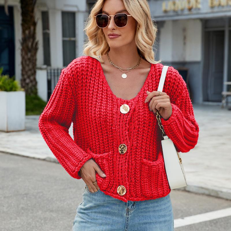 Cardigan en tricot épais de couleur unie pour femme, ample, ample, bouton unique, manches longues, pull court, manteau, poche, automne hiver, str