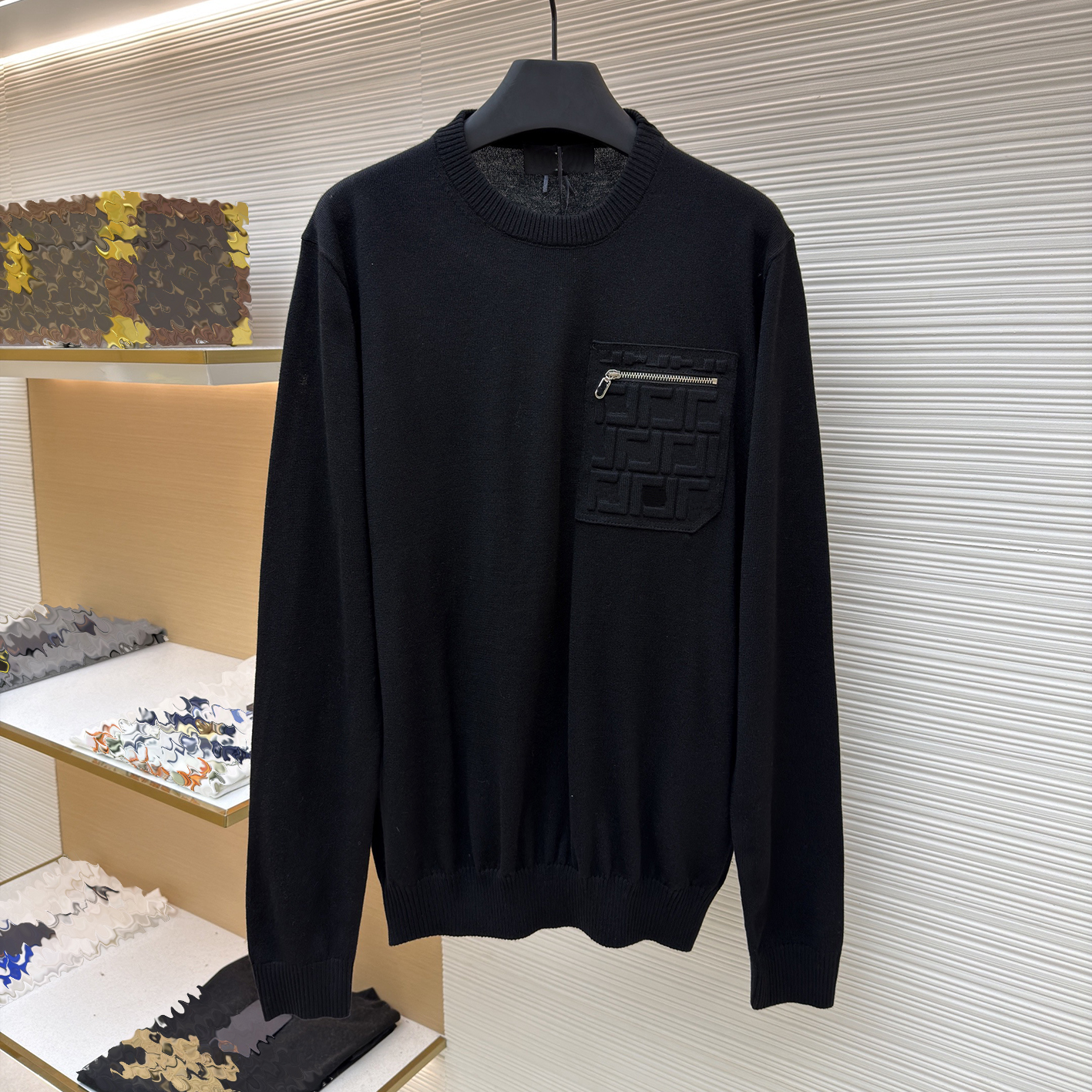 Designer brand clothing, high-quality men's sweaters, round neck wool blend knit sweaters, zippered pockets, embossed dark patterns, long sleev