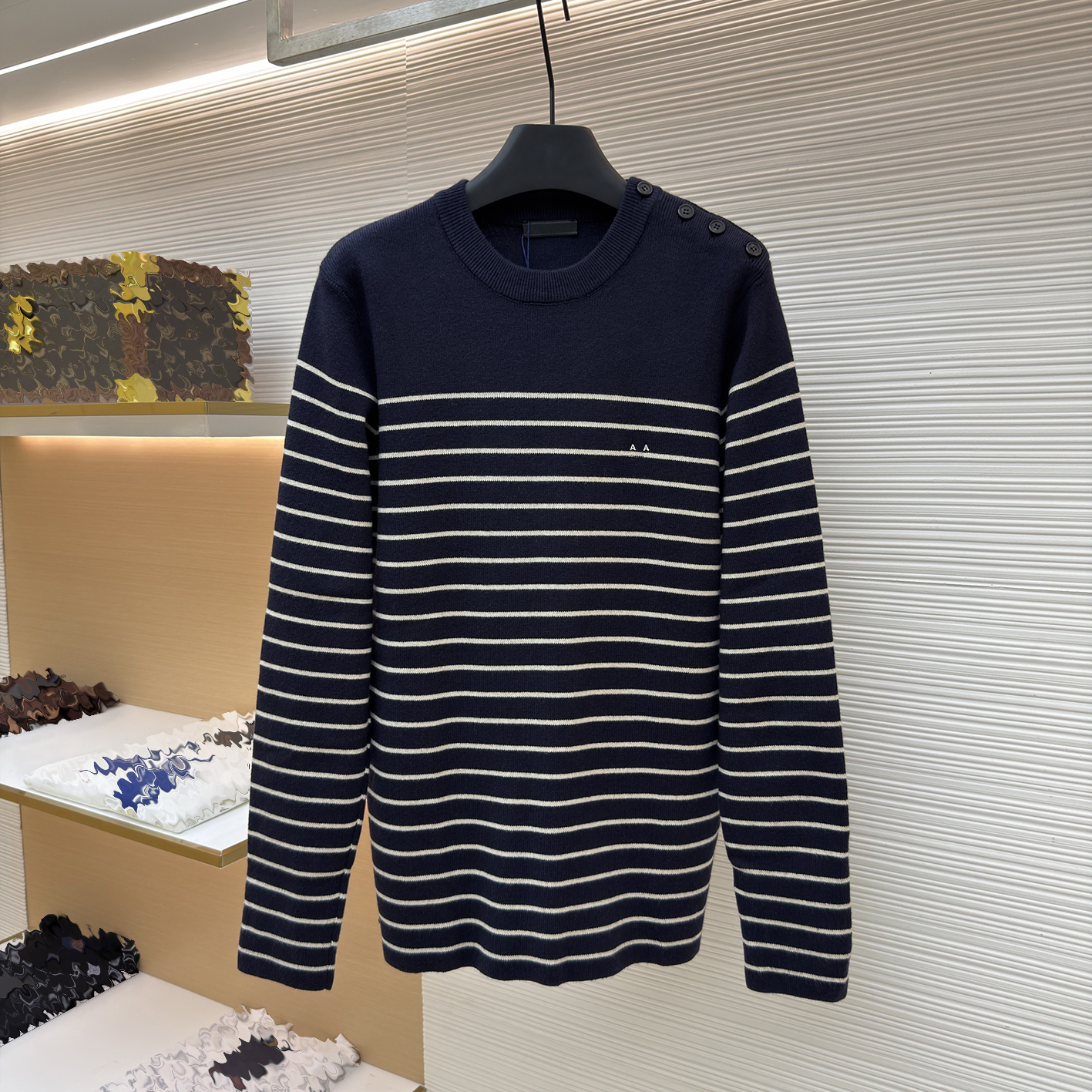Designer branded high-quality men's navy blue and white striped round neck knit sweater, embroidered sweater with shoulder button design, unise