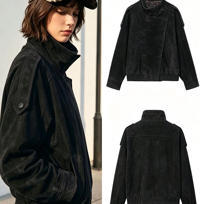 Veste texturée de styliste pour femmes, col montant, manches longues, coupe ample, décontractée, vêtements d'extérieur d'automne