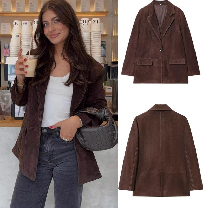 Blazer ample marron pour femmes, manches longues, simple boutonnage, poche, décontracté, Streetwear, Style européen d'automne