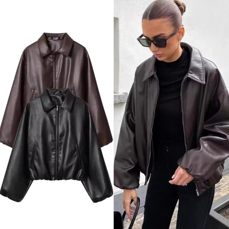 Veste en simili cuir pour femmes, col à revers, manches longues, ample, poches zippées, Streetwear décontracté motard, automne 2026, noir et marr