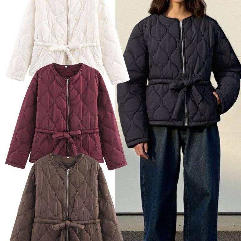 Women's Designer Quilted Padded Bomber Jacket Geometric Zip Up Long Sleeve Round Neck Short Coat Casual Streetwear