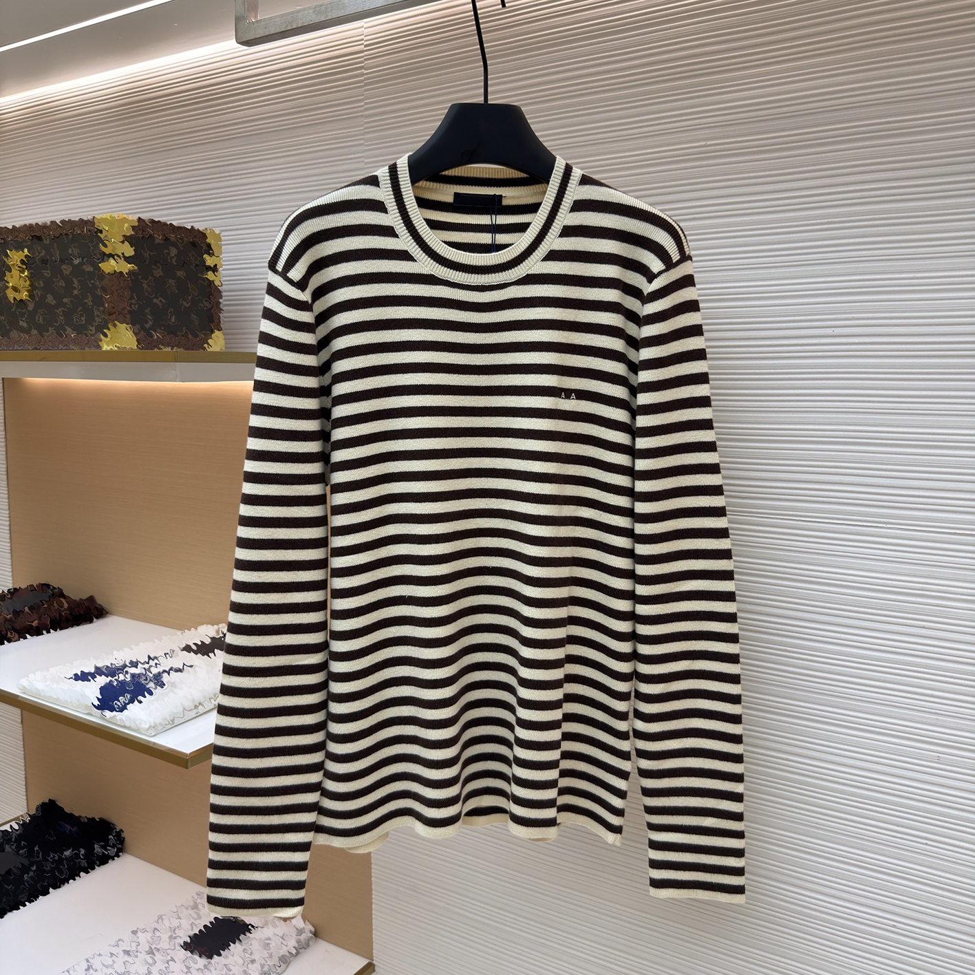 Designer brand clothing, high-quality men's striped round long sleeved collar knitted sweater, small embroidered base casual top, light luxury
