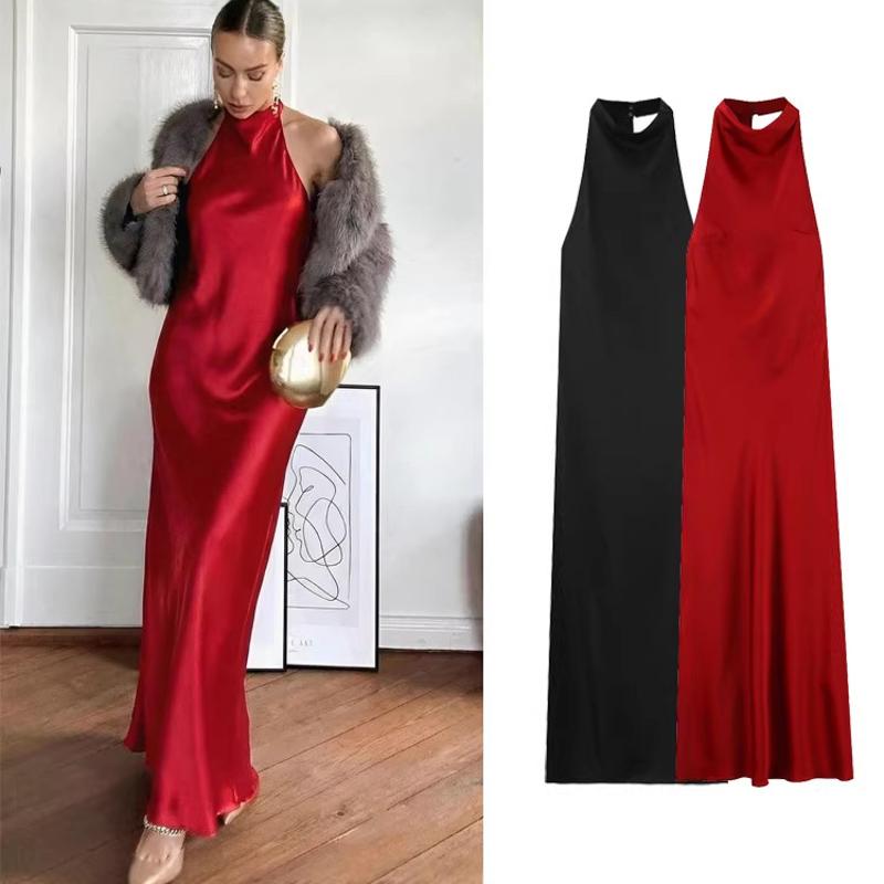 Robe longue en Satin pour femmes, col licou, sans manches, dos nu, taille haute, coupe cintrée, couleur unie, Streetwear d'été