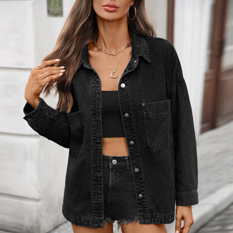 Washed Vintage Denim Shirt Loose Casual Split Hem Mid-Long Streetwear Lapel Button Down Fall