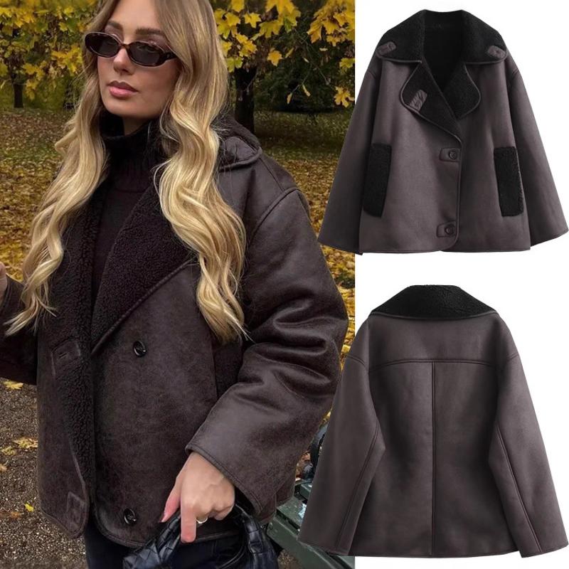 Veste chaude doublée en daim marron pour femme, Streetwear, manches longues, manteau mi-long avec poches, vêtements d'extérieur d'hiver