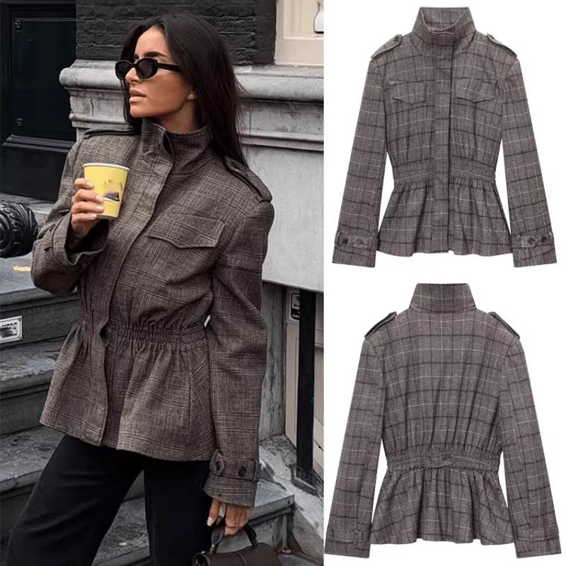Blazer à carreaux de styliste pour femmes, ourlet à volants, simple boutonnage, poches multiples, Streetwear, vêtements d'extérieur décontractés