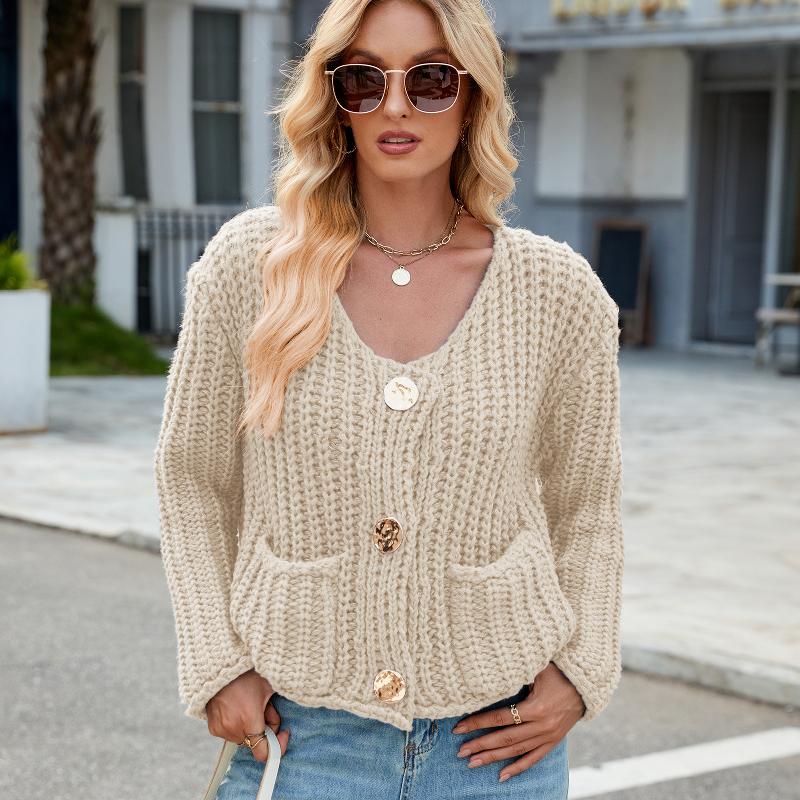 Cardigan en tricot épais de couleur unie pour femmes, ample, ample, bouton unique, manches longues, pull court, manteau, poche, automne hiver, St