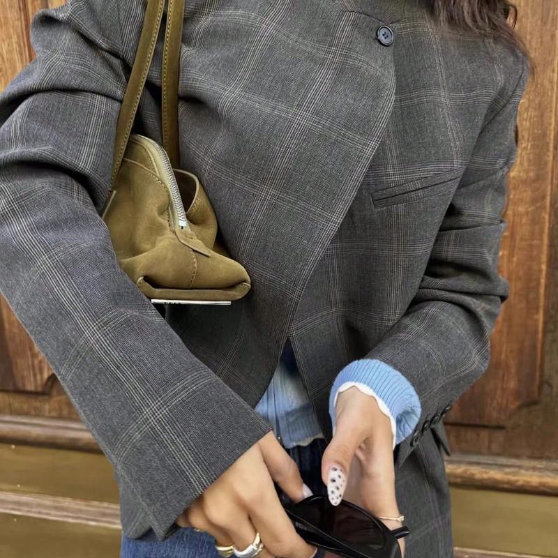 Veste Blazer courte à carreaux pour femmes, col montant, un bouton, décontractée, mode Streetwear, manteau fin, printemps été