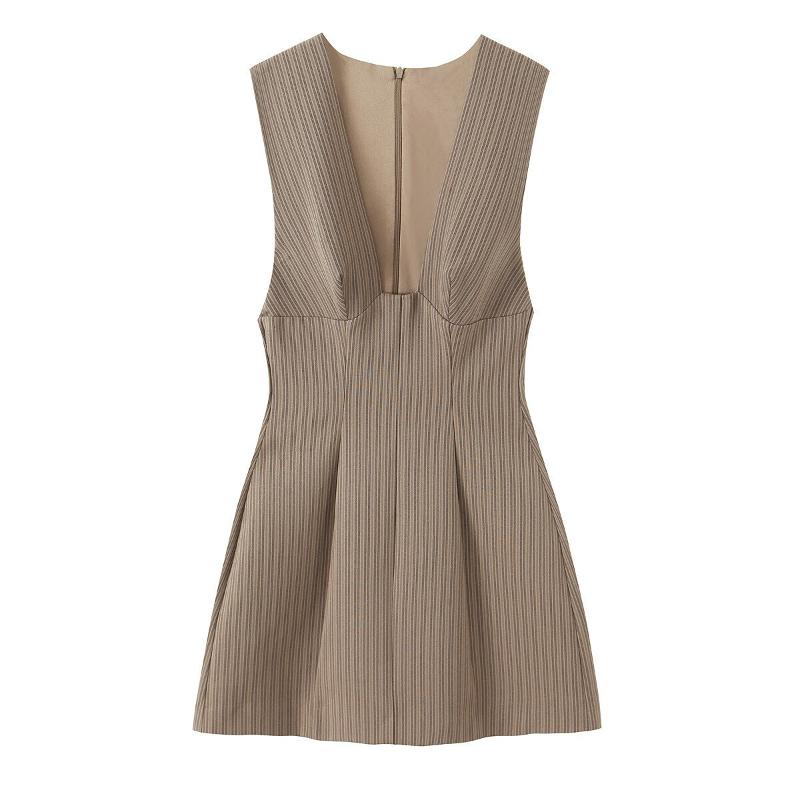 Femmes rayé robe sans manches col en V profond dos nu coupe ajustée élégant trajet printemps 2026 kaki S M L