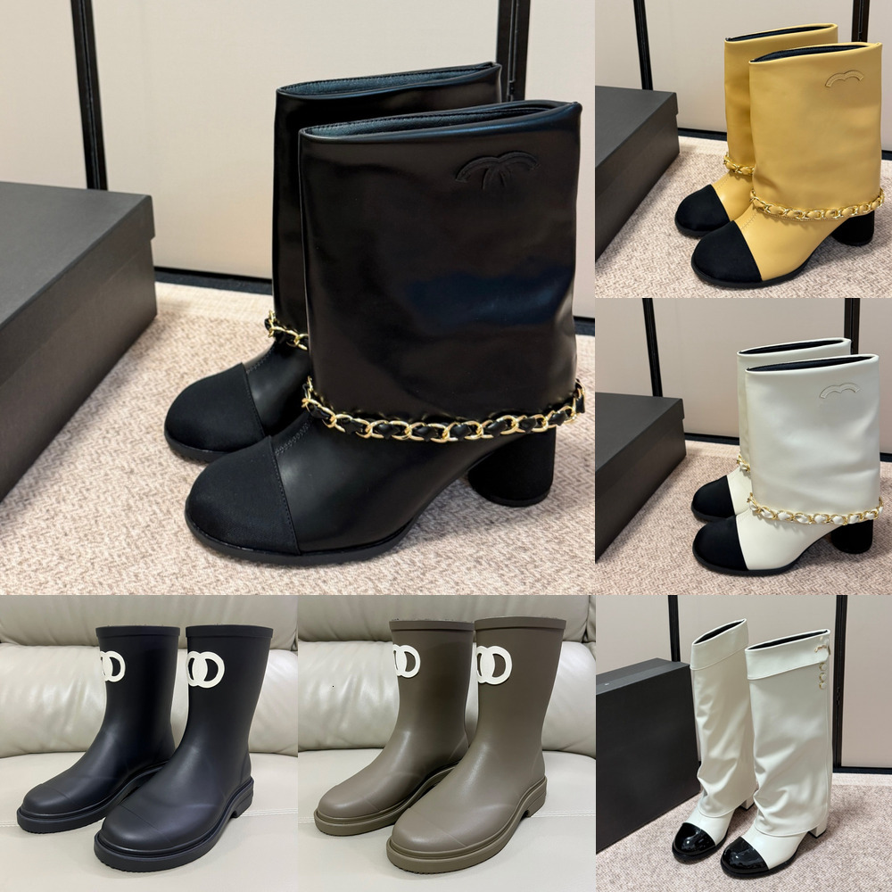 Channal Shoe Designer Brand Square Toe Women Rain Boots Thick Heel Thicks Sole Ankle Over The Knee Women's Rubber Boot Good Are Quality Channal