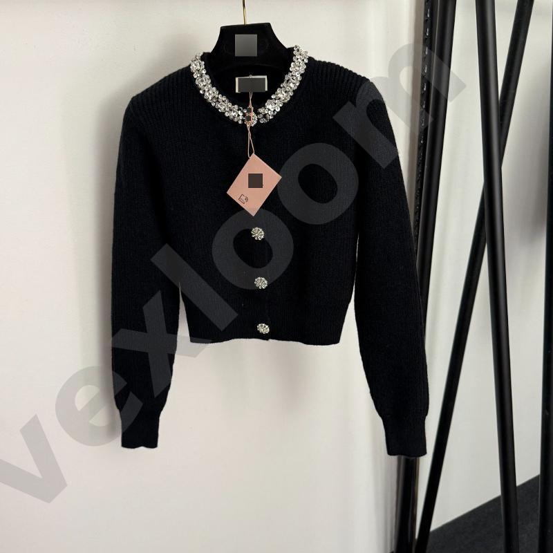 Cardigan court en tricot à col perlé de luxe, strass brillants, boutons décoratifs, manches longues, pull tricoté Slim, haut habillé et chic