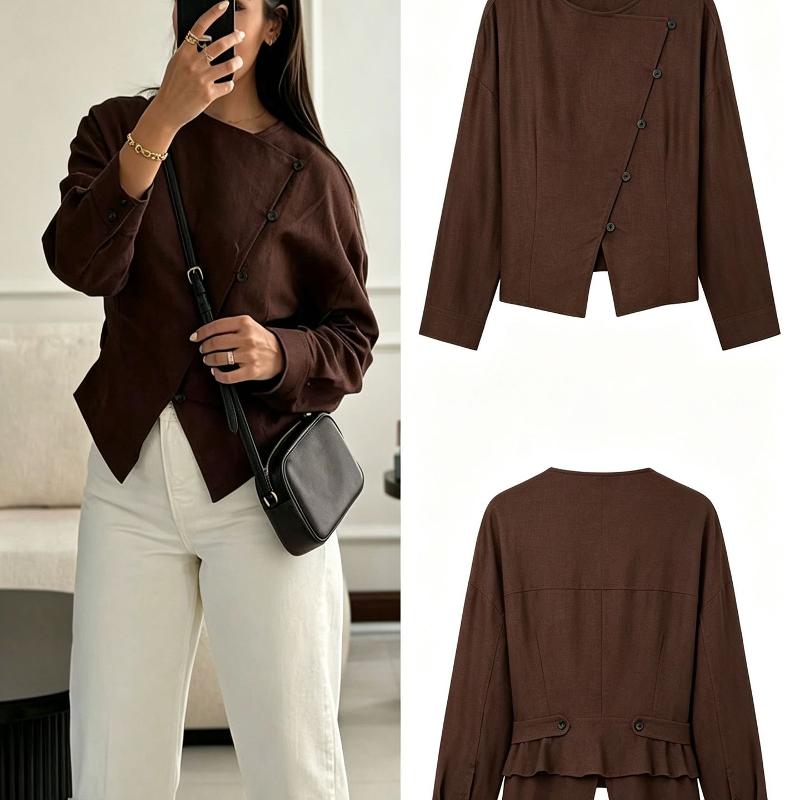 Veste légère en faux lin pour femmes, manches longues, col rond, bouton, fente avant, décontracté, haut d'été et d'automne