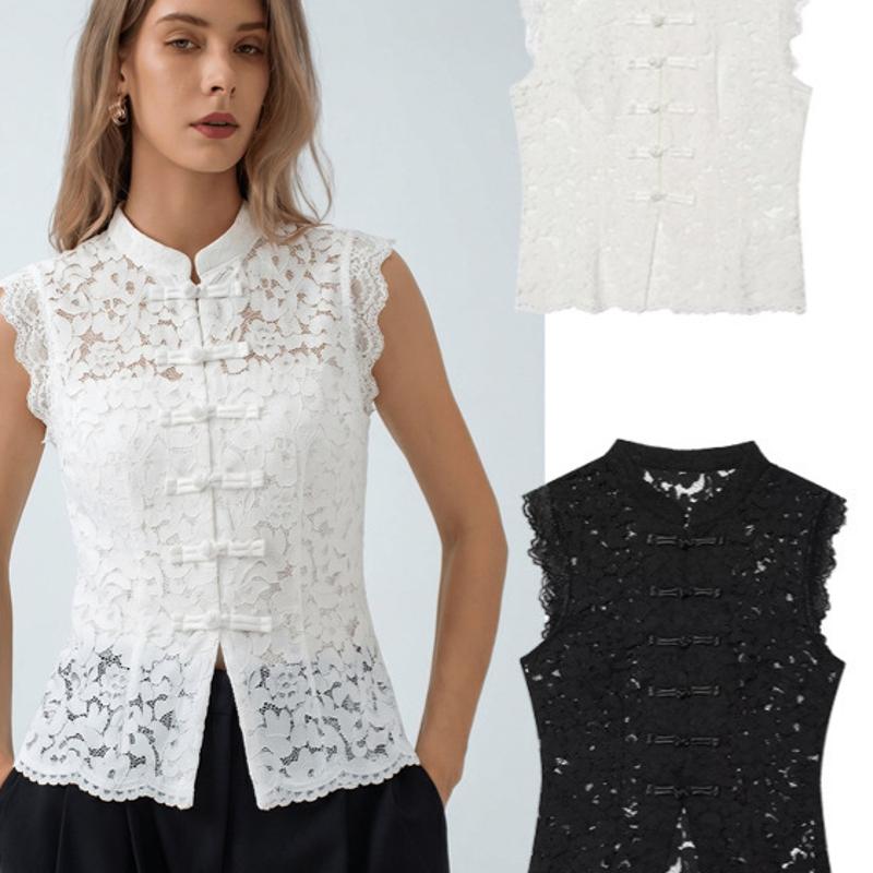 Haut en dentelle sans manches pour femmes, Style français, ajouré, bouton grenouille fendu, décontracté, Streetwear, chemisier noir blanc S M L,