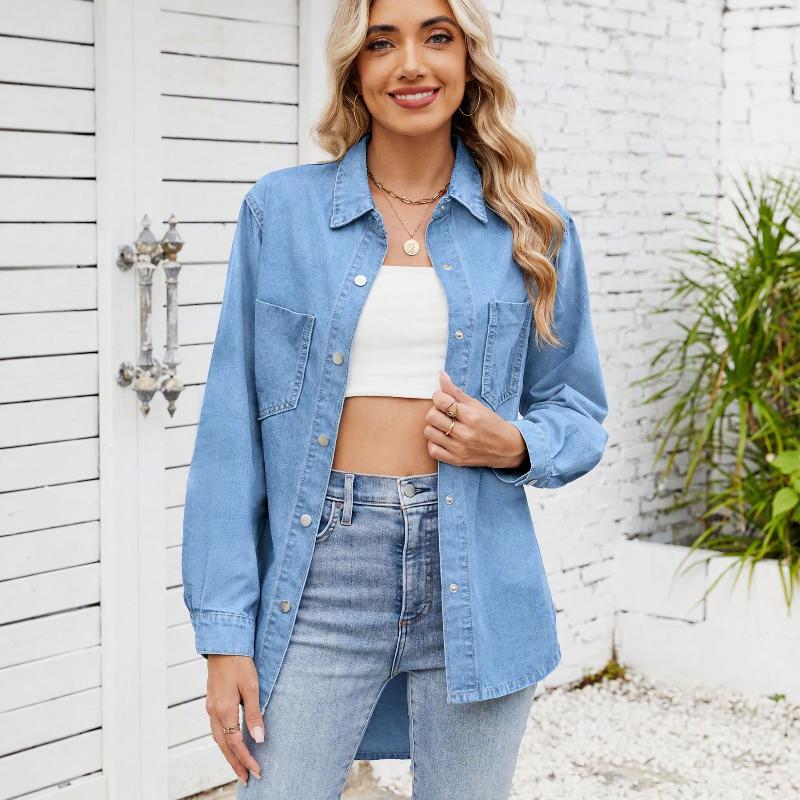 Designer Women's Washed Denim Shirt Loose Fit Long Sleeve Snap Button Mid Length Streetwear Top Light Blue Dark Blue S M L XL