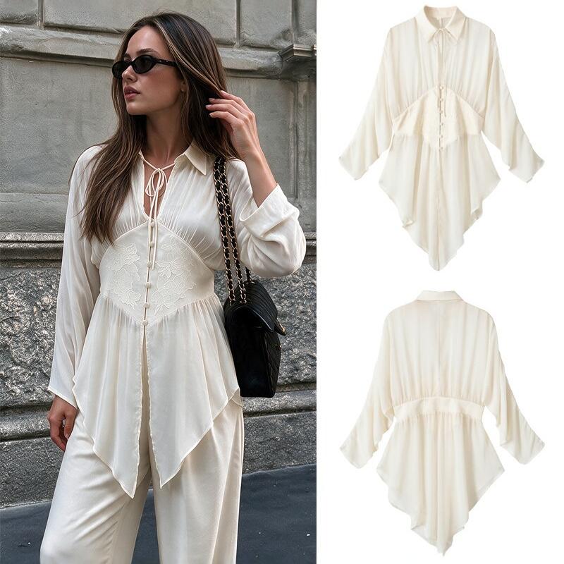 Femmes Transparent Plissé Longue Col en V Cravate Avant Chemise Manches Chauve-Souris Bouton Revers Chemisier Lâche Décontracté Printemps été Hau