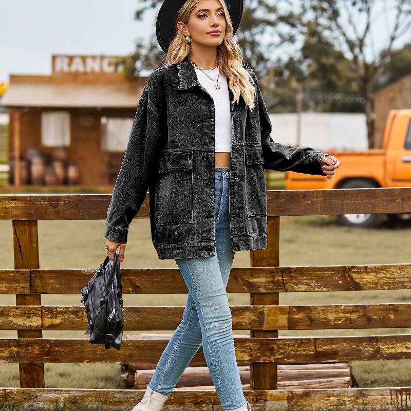 Veste en jean coupe ample pour femmes, Vintage, classique, décontracté, manches longues, revers, mi-long, Streetwear, haut d'extérieur
