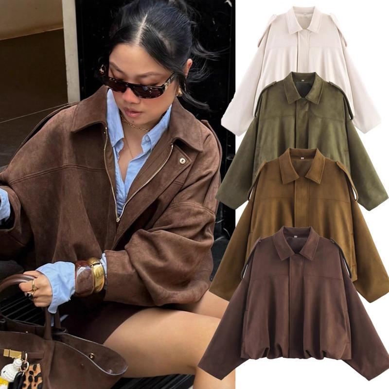 Veste bombardier en daim pour femmes, fermeture éclair, col à revers avec poches, couleur unie, Streetwear décontracté, vêtements d'extérieur d'a