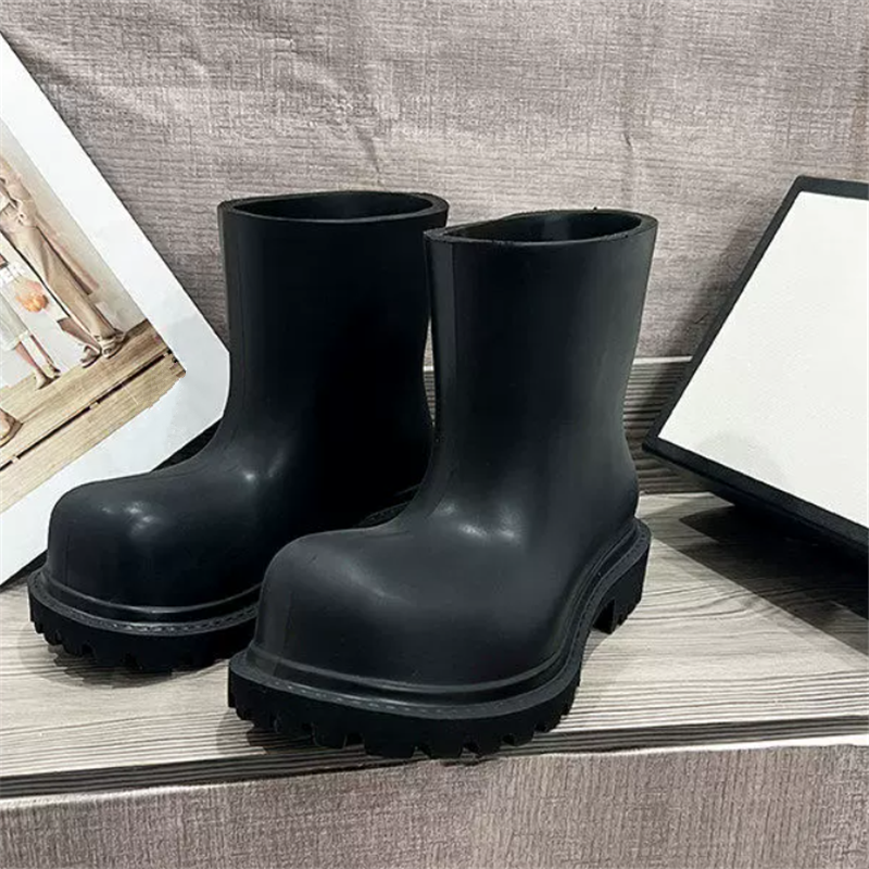 Botas de lluvia con punta redonda para mujer, bota de tubo medio con parte inferior gruesa, botines negros con cabeza grande para mujer
