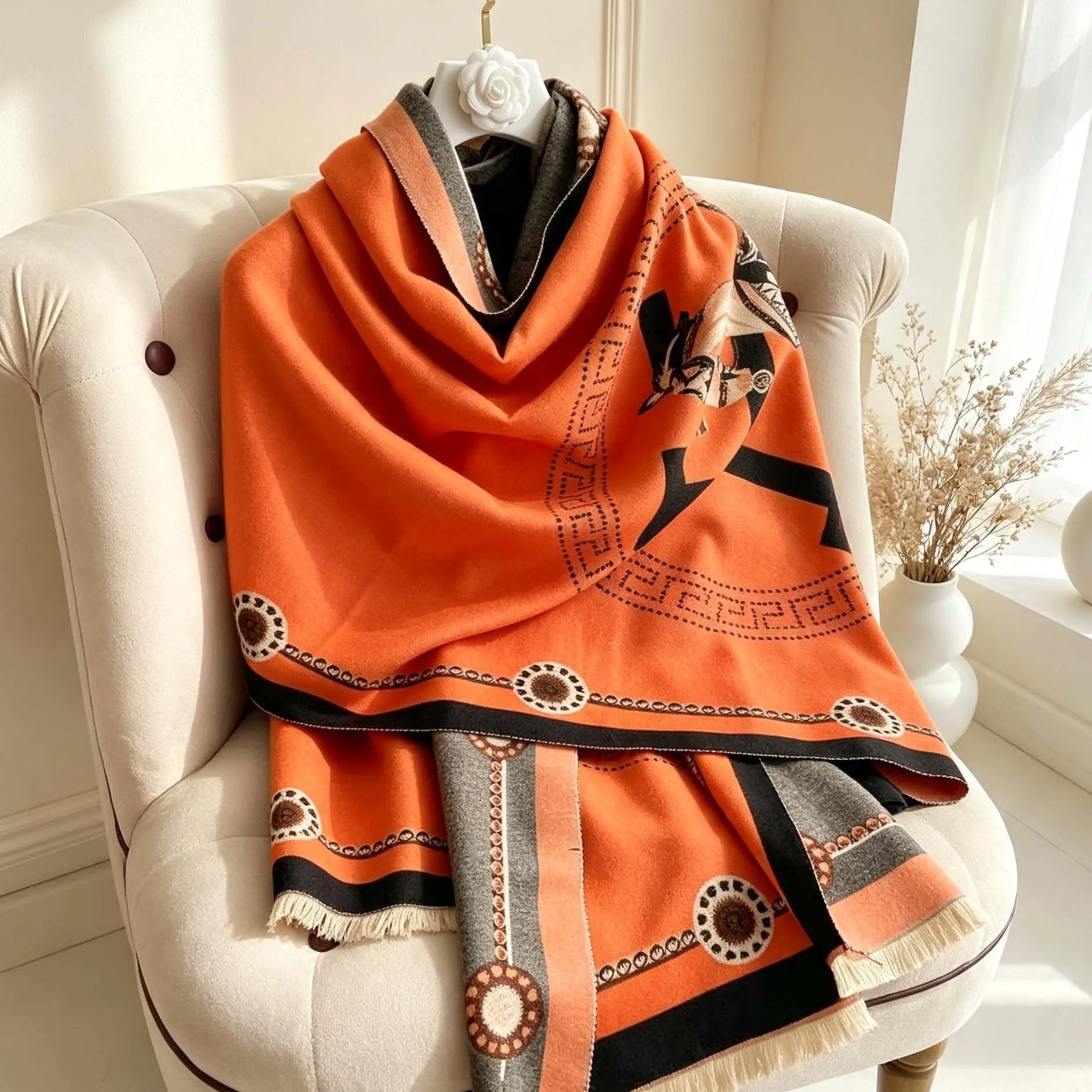 scarf designer scarf women reversible scarf cashmere feel large pashmina shawl vintage horse print warm wrap blanket scarf for autumn winter fashion