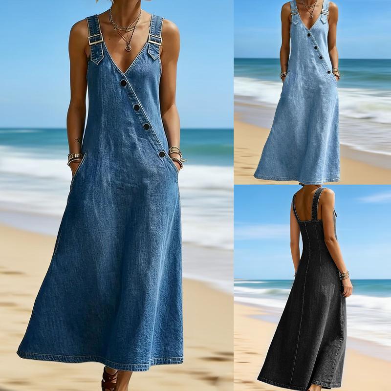 Robe en Denim délavé pour femmes, sans manches, col en V, boutons asymétriques, ample, longue, ligne A, Streetwear décontracté, été