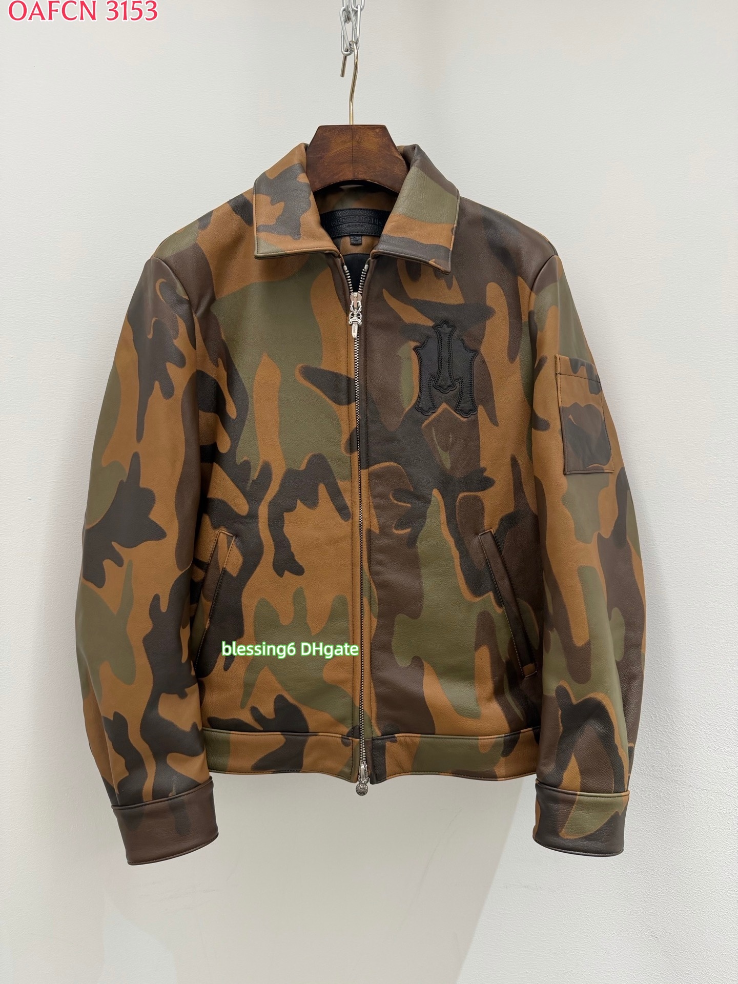 Designer Chrome men's leather jacket cowhide jacket lapel full zipper jacket women's retro camouflage streetwear jacket European and Ameri