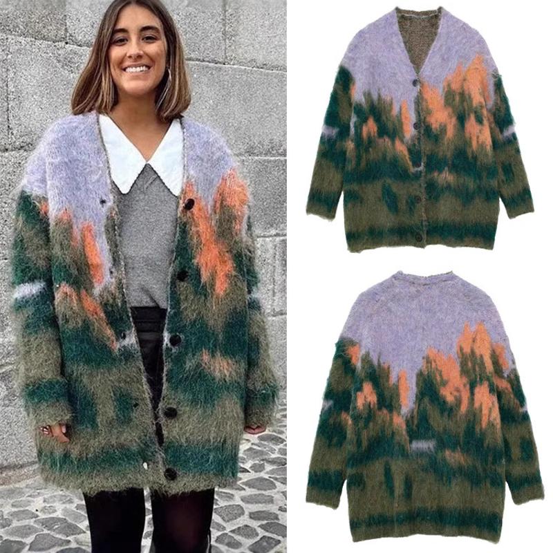 Cardigan en tricot ample à manches longues pour femmes, col en v, imprimé paysage, automne hiver, Streetwear européen, vêtements d'extérieur déco