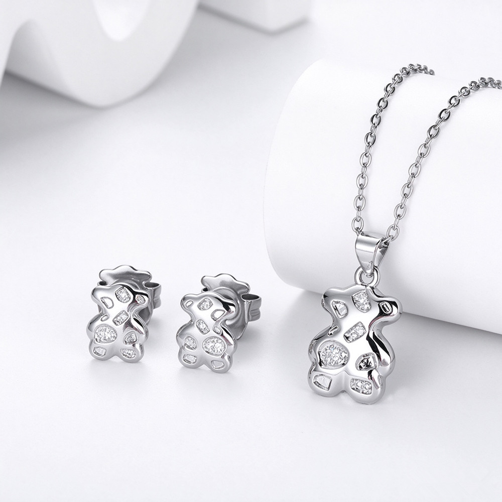 Mode Femmes Argent Or En Acier Inoxydable Cuivre Span Ours Dessin Animé Animal Zircon Lettre Secteur Chaîne Pendentif Collier Boucles D'oreilles