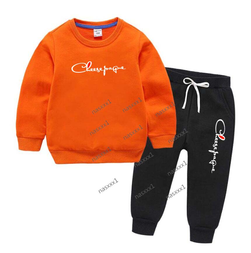 Spring Autumn Baby Girls Casual Brand Letter Print Sweatshirts Sets Kids 100% Cotton Long Sleeve Orange Hoodies and Trousers 2pcs Children's