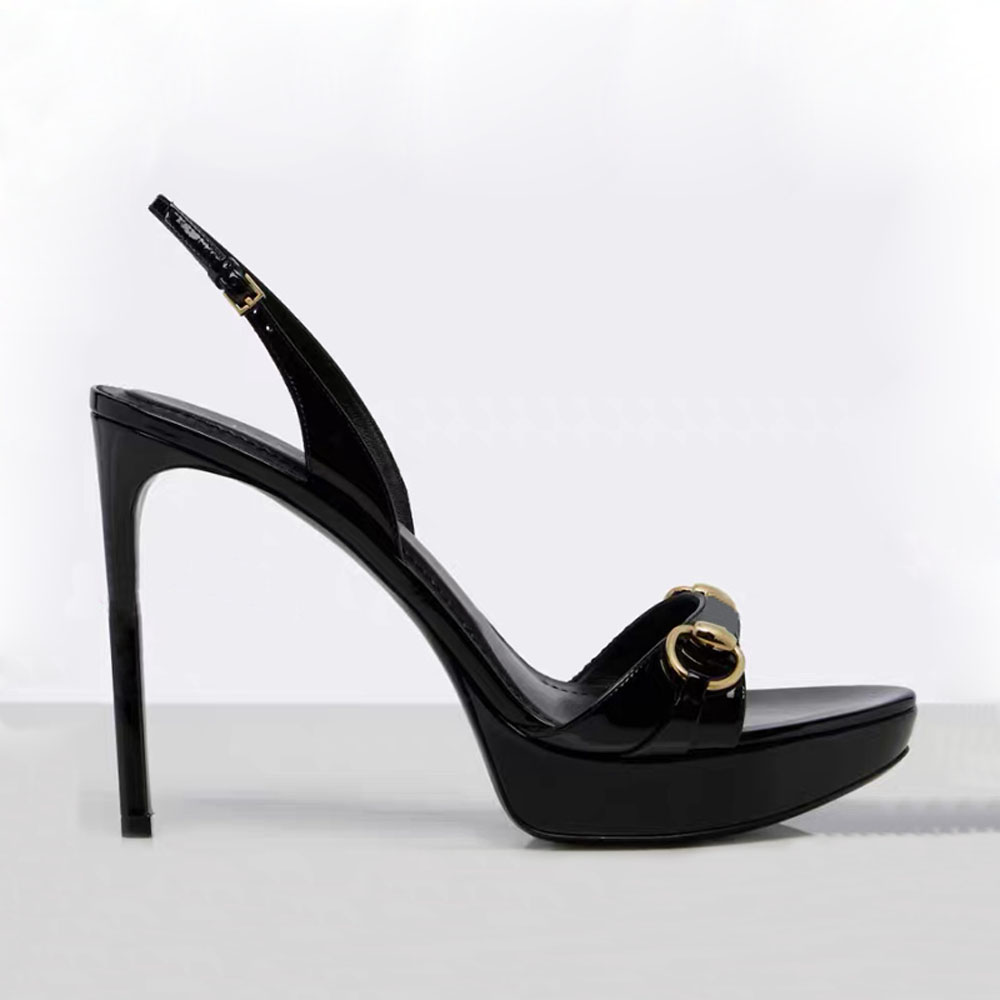 Nouvelles femmes en cuir verni plate-forme Slingback sandales 12 cm talon aiguille sandales à bout ouvert sandales et pantoufles de luxe 10.5 cm