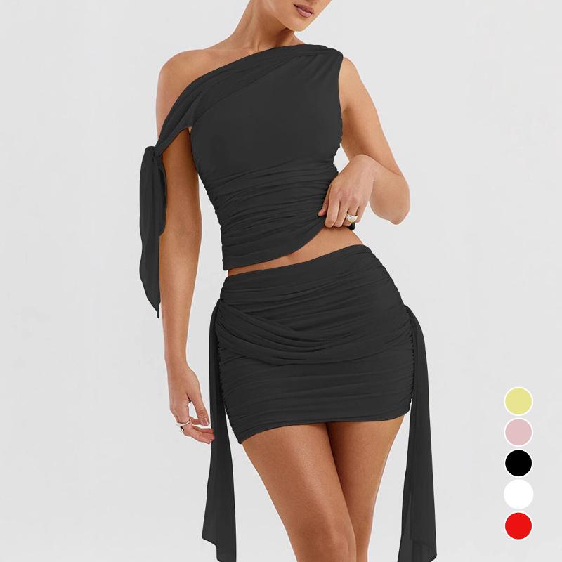 Designer Women 2 Piece Skirt Set Sleeveless T-Shirt Top Short Skirt Mesh Panel Summer Casual Party Elegant Solid Color