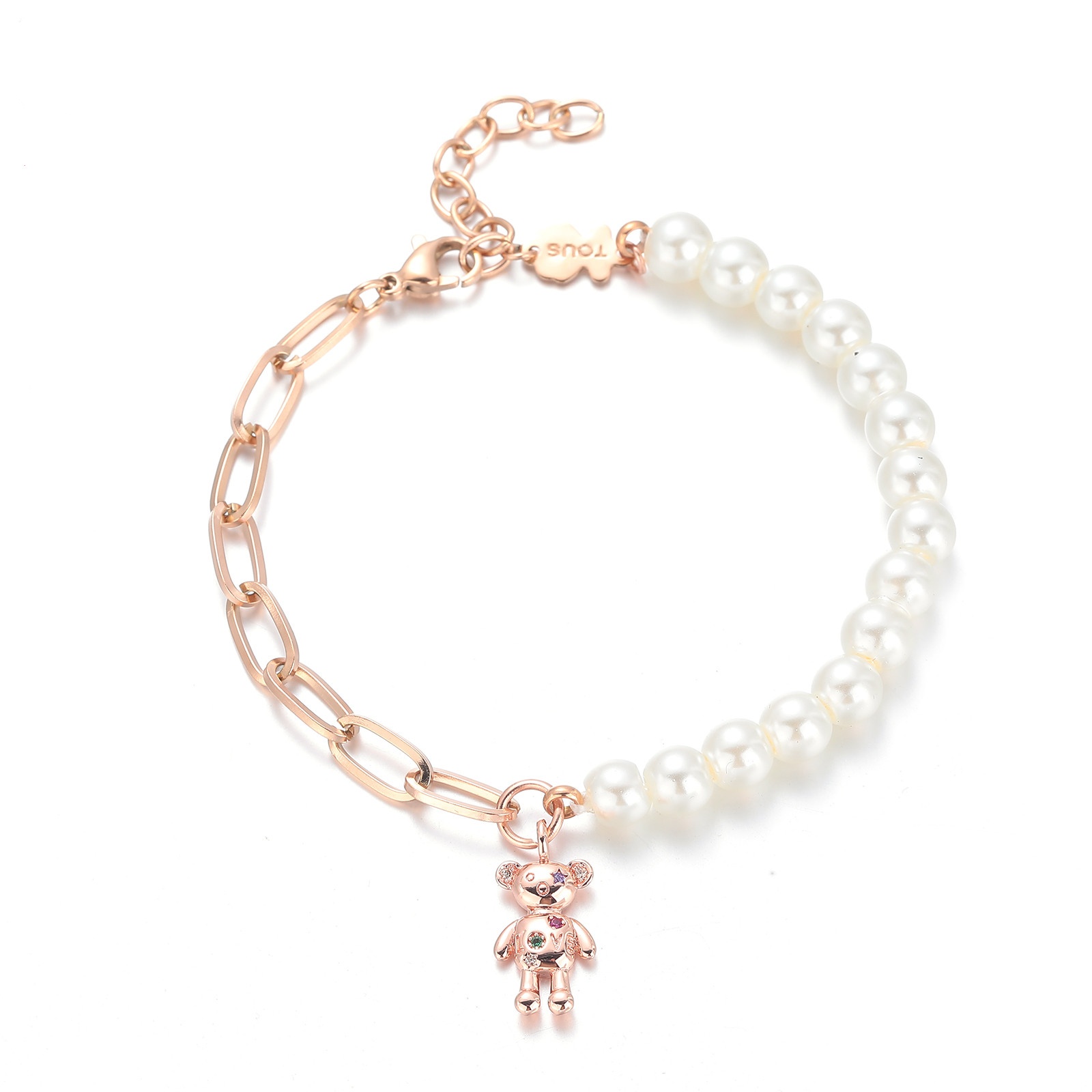 Fashion Women Men Silver Rose Gold Stainless Steel Round Circle White Bead Zircon Cartoon Animal Animal Chain Bracelets Jewelry Pulsera