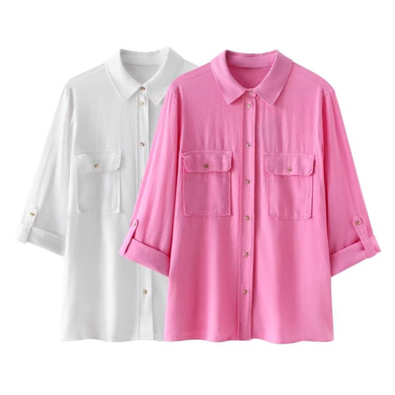Designer Women Linen Blend Shirt Summer Casual Loose Fit Roll Up Sleeve Turn Down Collar Solid Pocket Versatile Top